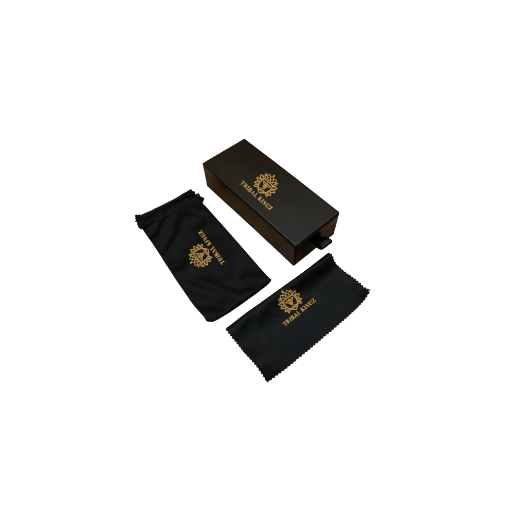 Black sunglass box and pouches with gold logo on a white background