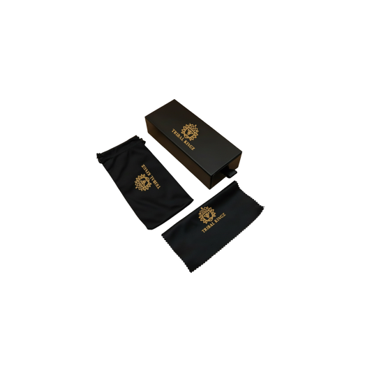 Black Sunglasses box and pouches with gold logo on a white background