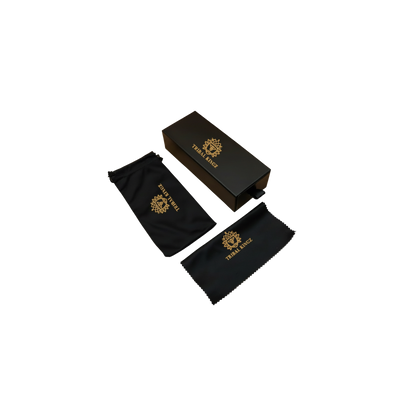 Black sunglass box and pouches with gold logo on a white background