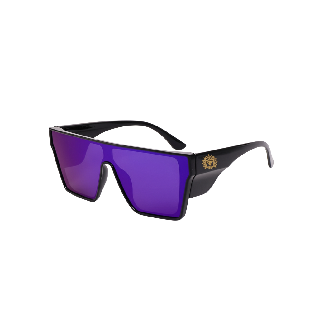 Sunglasses with black frame and purple lenses on a white background