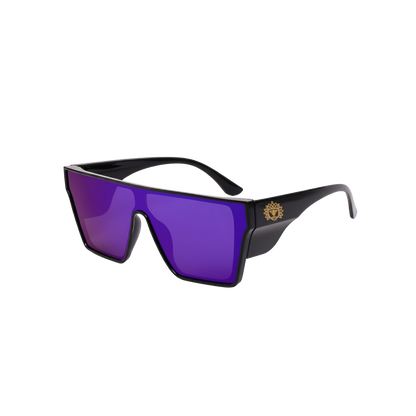 Sunglasses with black frame and purple lenses on a white background