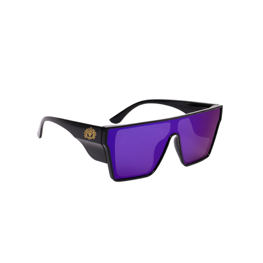 Sunglasses with black frame and purple lenses on a white background