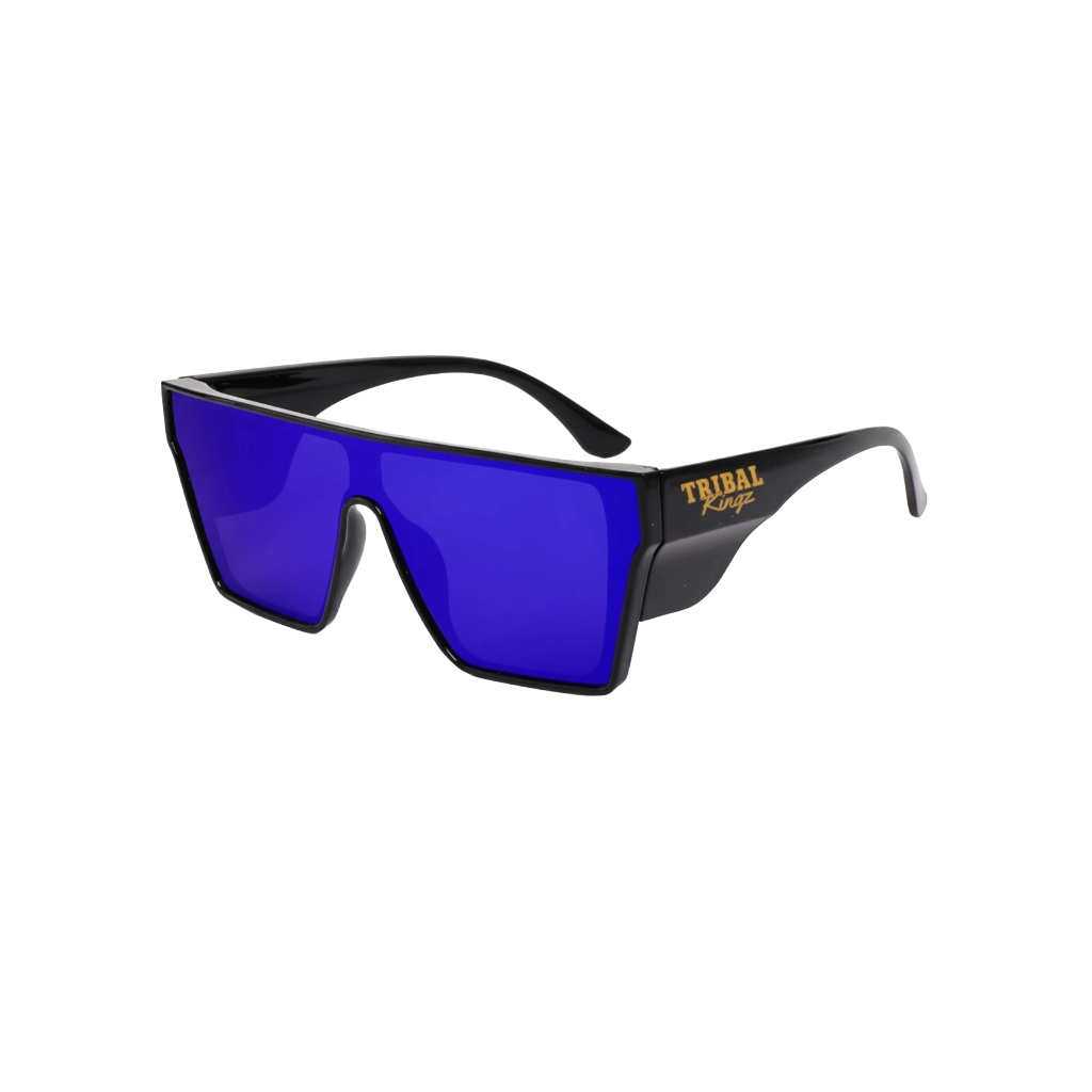 Black sunglasses with blue lenses on a white background