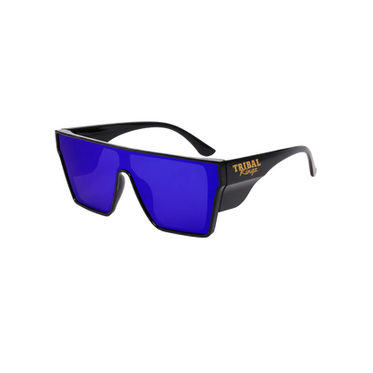 Black sunglasses with blue lenses on a white background