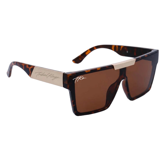 Sunglasses with tortoiseshell frame and brown lenses on a white background