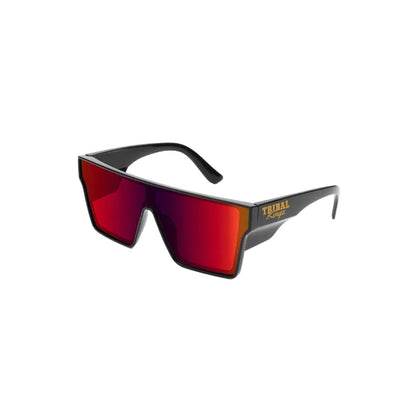 Sunglasses with red lenses and black frame on a white background