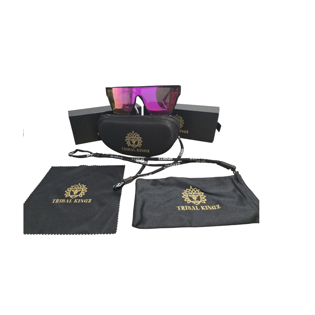 Sunglasses with carrying case and cleaning cloth on a white background, featuring 'Tribal Kingz' branding.