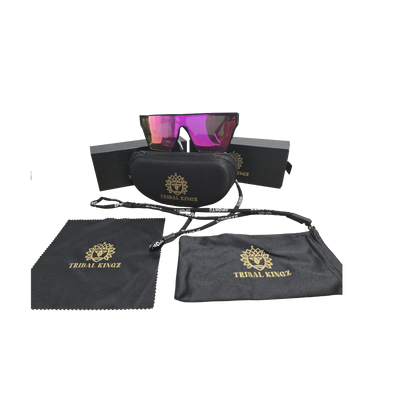 Sunglasses with carrying case and cleaning cloth on a white background, featuring 'Tribal Kingz' branding.