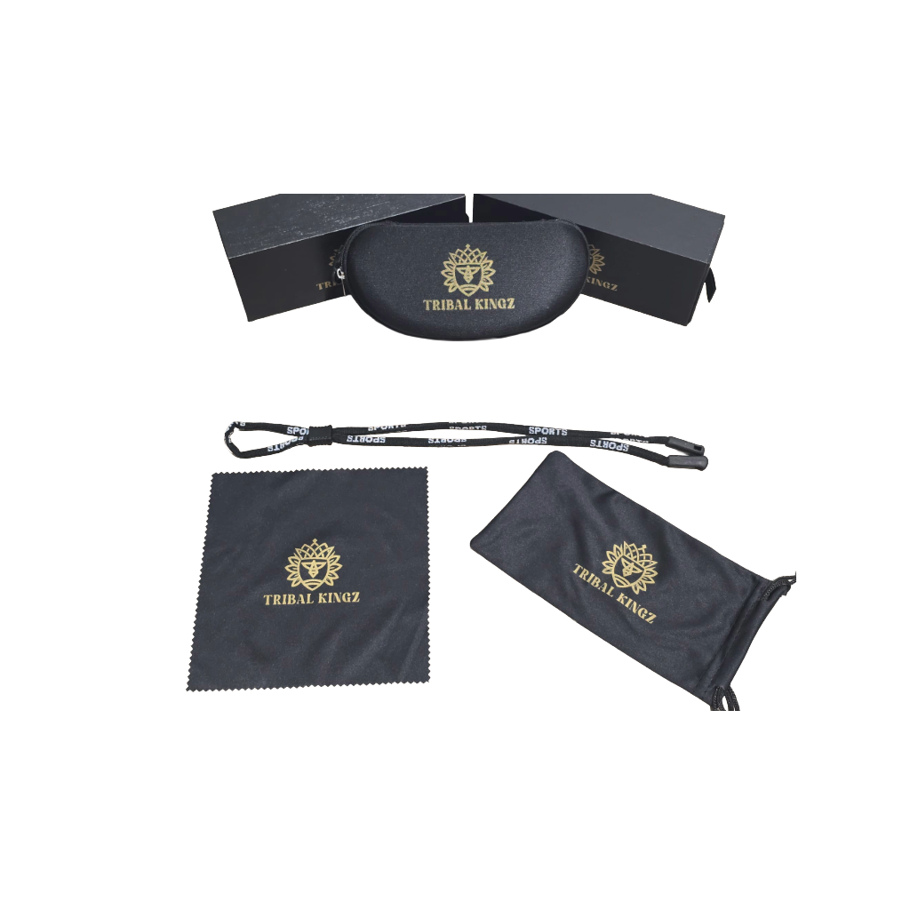 Black eyewear case, cleaning cloth, and lanyard with 'Tribal Kingz' logo on a white background