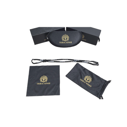Black eyewear case, cleaning cloth, and lanyard with 'Tribal Kingz' logo on a white background