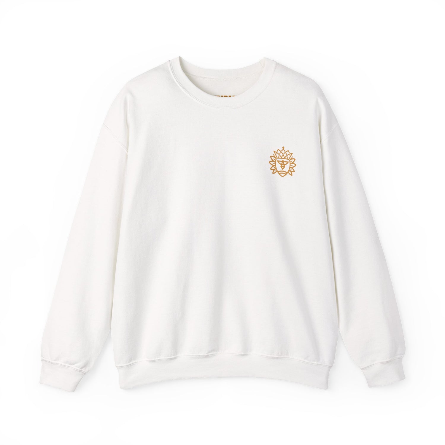 White sweatshirt with a gold emblem on a white background