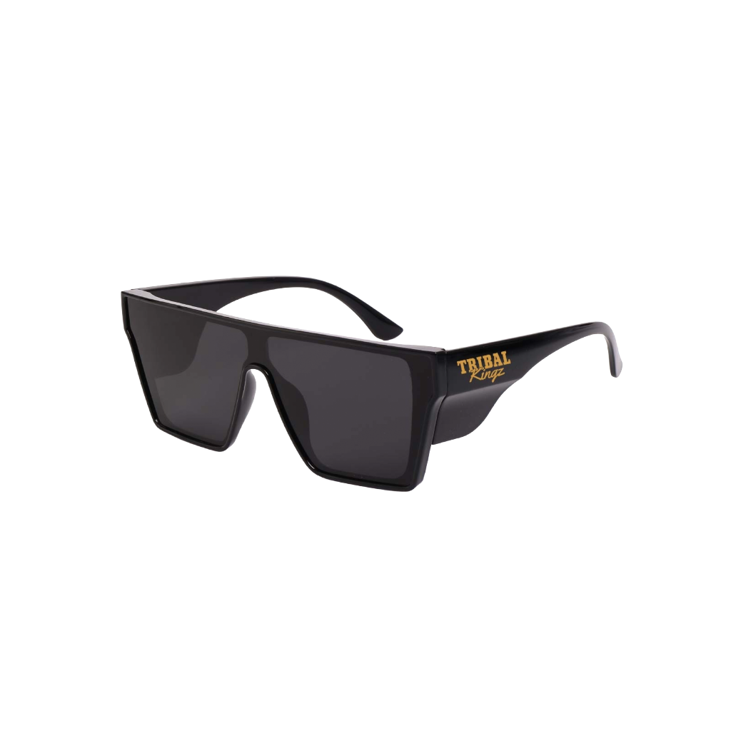Black sunglasses with a logo on the arm against a white background