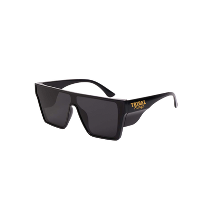 Black sunglasses with a logo on the arm against a white background