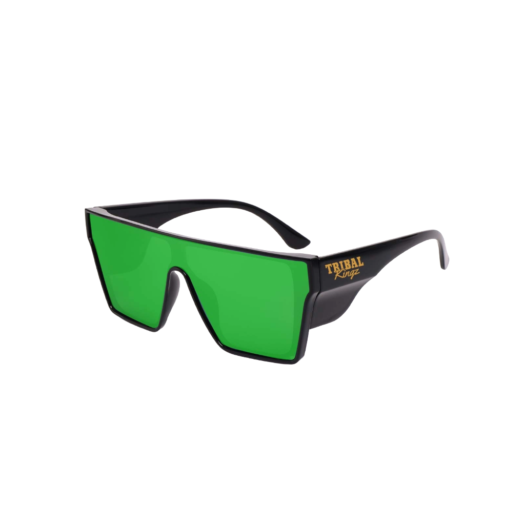 Sunglasses with green lenses and black frame on a white background