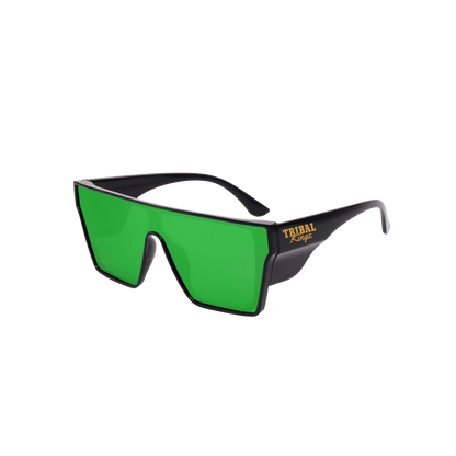Sunglasses with green lenses and black frame on a white background