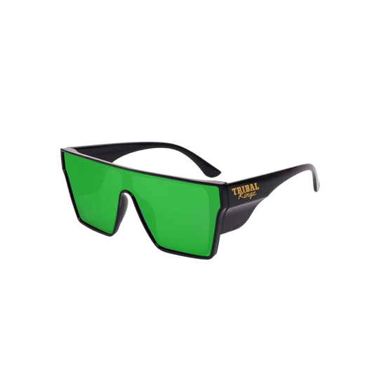 Sunglasses with green lenses and black frame on a white background