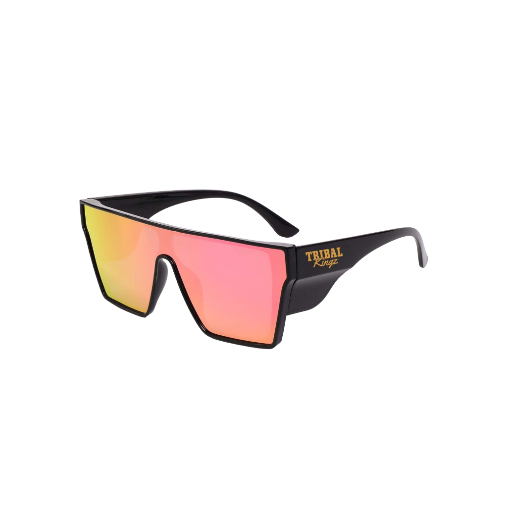 Sunglasses with black frame and pink-tinted lenses on a white background