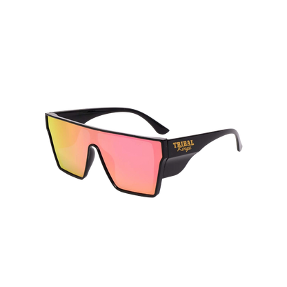 Sunglasses with black frame and pink-tinted lenses on a white background