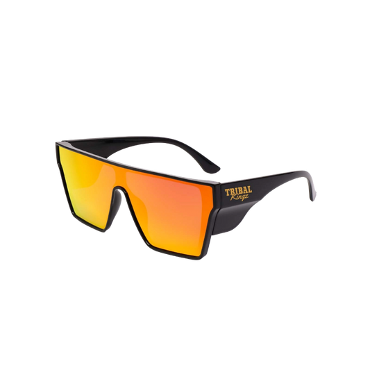 Sunglasses with orange lenses and black frame on a white background